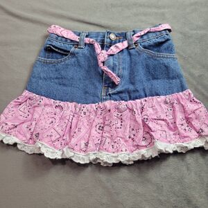 Kiddie Koral Skirt Girl 6 Denim A-Line Pink Blue Jean Stretch Bandana Ruffle Hem
